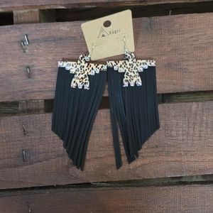 Crystal Leopard Wood Thunderbird Fringe Earrings